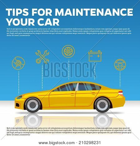 Car mainentance tips vector illustration. Yellow car and line icons on blue background with reflection. Service and repair automobile center