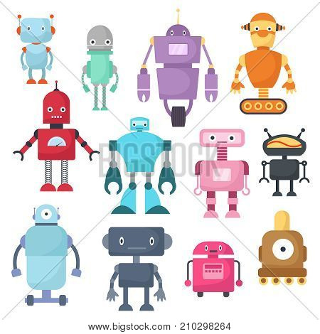 Cute cartoon robots, android and spaceman cyborg isolated vector set. Robot characters illustration