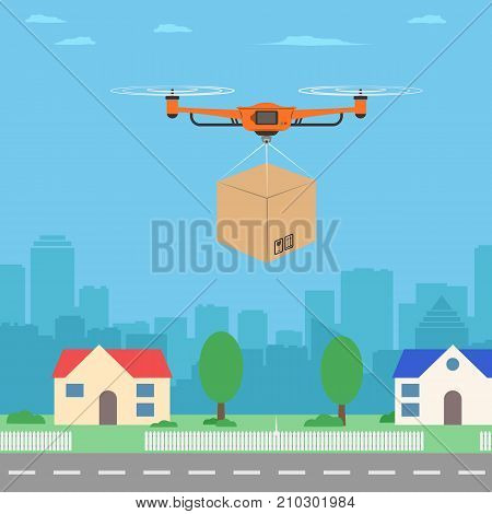 Delivery drone with the package. City background. Modern delivery of the package. Vector illustration.