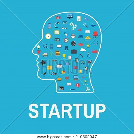 Startup head concept with business icons. Startup construction and development. Vector illustration of word startup and head with icons. Flat design on blue background.