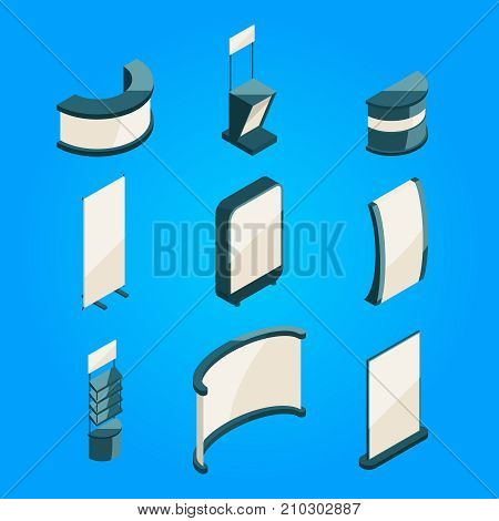 Empty stands for exhibition. Isometric objects isolate. Empty blank presentation and promotion isometric panel. Vector illustration