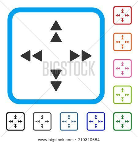 Move Out icon. Flat grey pictogram symbol in a light blue rounded frame. Black, gray, green, blue, red, orange color versions of Move Out vector. Designed for web and app interfaces.