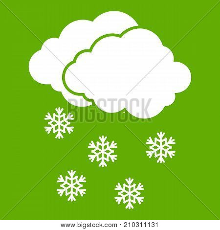 Cloud and snowflakes icon white isolated on green background. Vector illustration