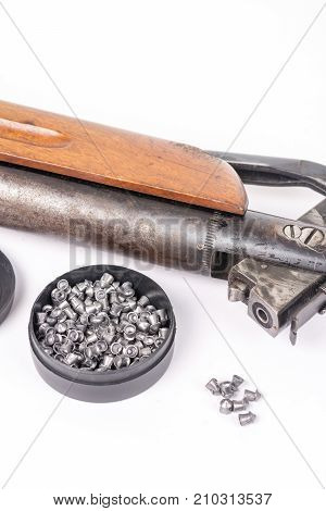 Box With Metal Air Gun Pellets And Air Gun With Wooden Kundak Gu