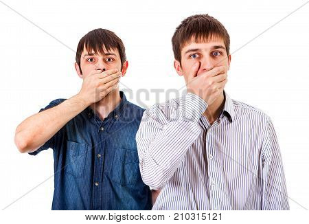 Two Guys Close his Mouth on the White Background
