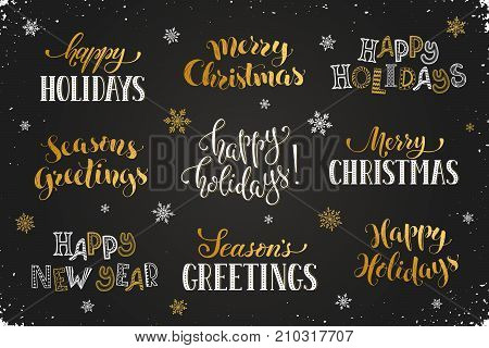 Hand written New Year phrases. Greeting card text template with snowflakes drawn on chalkboard. Happy holidays lettering in modern calligraphy style. Merry Christmas and Seasons Greetings lettering.