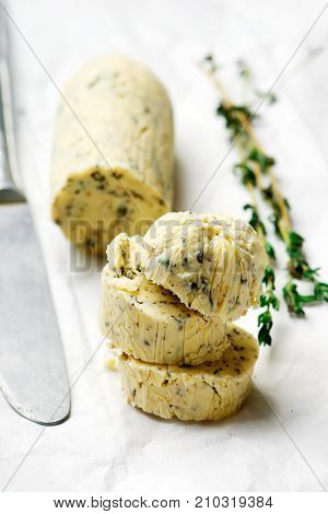 Butter with a herb for sandwiches and steack . selective focus