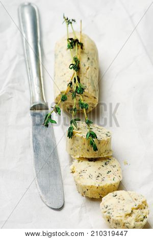 Butter with a herb for sandwiches and steack . selective focus