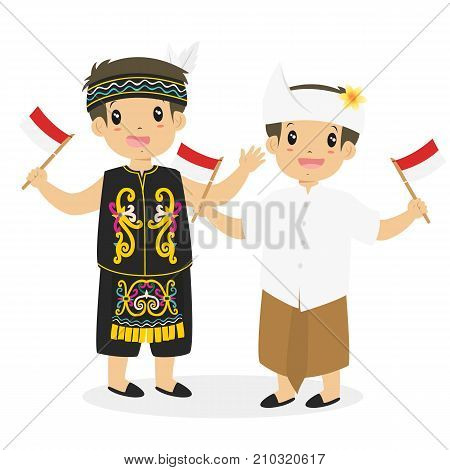 two happy boys in Dayak and Bali traditional dress holding Indonesian flag cartoon vector
