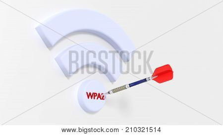 White Wifi symbol with WPA2 on the dot on white background hit by a dart cybersecurity compromised WPA 2 encryption concept 3D illustration