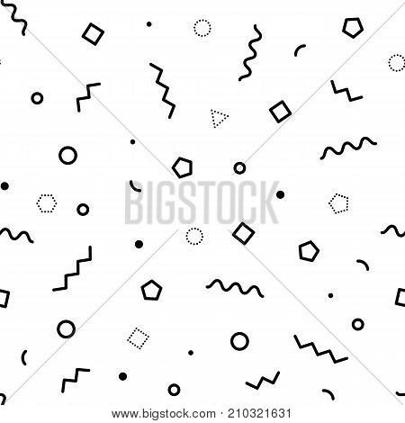 Black and white geometric memphis pattern with wavy lines, triangles, circles, zig zags. 80s and 90s graphic design style. Vector seamless backgrounds.