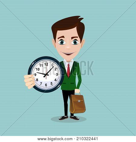 businessman with alarm clocks, symbolizing time management. Stock flat vector illustration.