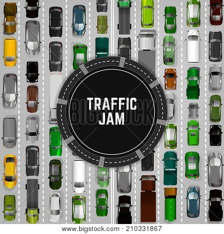 City traffic background with top view cars images. Editable vector illustration in modern flat style. Square layout useful for print, brochure, banner, leaflet or poster design. Automotive collection.
