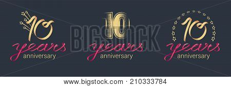 10 years anniversary vector icon logo set. Graphic design element with lettering and red ribbon for celebration of 10th anniversary