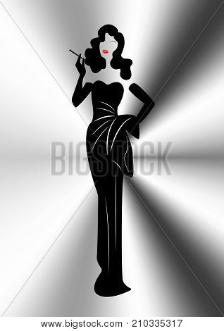 Diva Hollywood silhouette, Beautiful retro fashion woman , styling and evening dress 1940s , vector