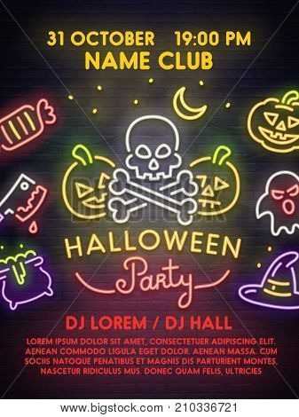 Template poster, flyer, invitation, banner. Happy Halloween Poster. Neon sign, bright signboard, light banner