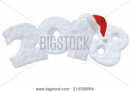 2018 New Year sign text written with numbers made of snow with Santa Claus fluffy red hat New Year 2018 winter snow symbol 3d illustration isolated on white