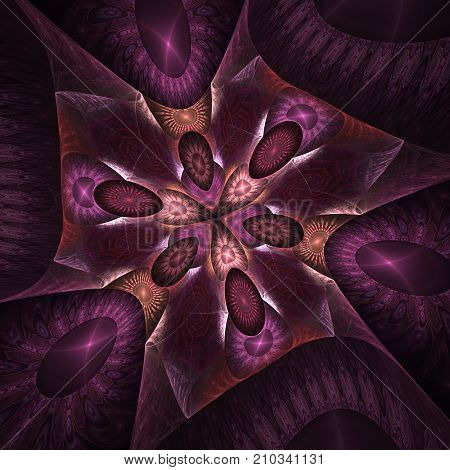 The kaleidoscopical composition in violet tones. Abstract kaleidoscope background. Beautiful kaleidoscope pattern. Multicolor mosaic texture. Unique design