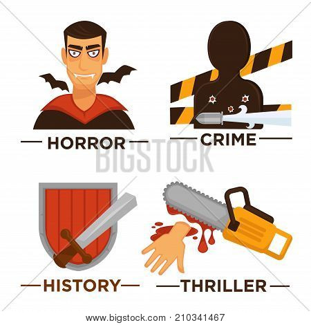 Vector flat isolated symbols set for cinema or channel movie genre tag. Movie genre icons.