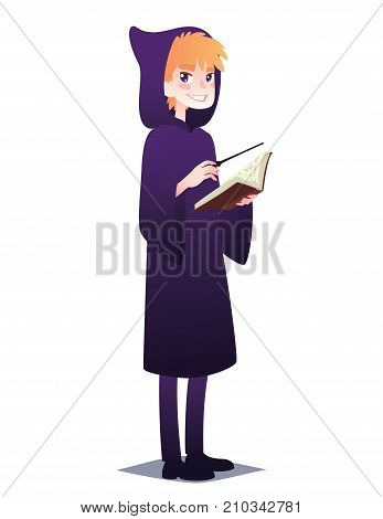 Wizard boy with book and magic stick. Cute young man in style of Magician in robe with hood going for Halloween party. Vector illustration in flat cartoon style on white background. Magic character.