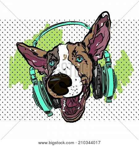 Colorful vector poster with dog with headphones on t-shirt.