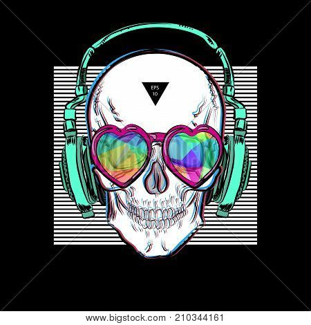 Skull in glasses of hearts and in ear-phones. Vector illustration EPS10. Design a poster for a t-shirt.