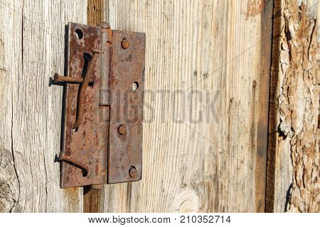 Old wood barn door with rusty nails and hinge. There is space for text