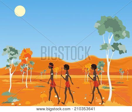 an illustration of native australian people walking across the outback in hot weather with eucalyptus trees rocks and mountains