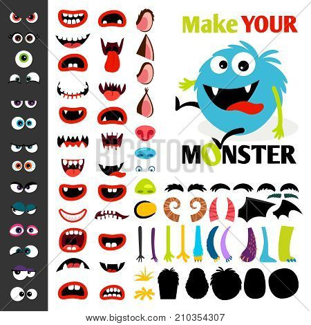 Make a monster icons set, with alient eyes, mouths, ears and horns, wings and hand body parts. Vector illustration