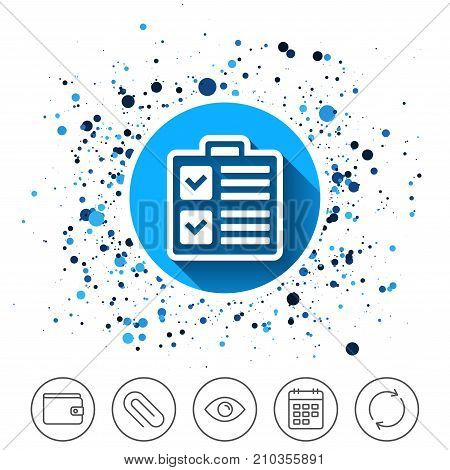 Button on circles background. Checklist sign icon. Control list symbol. Survey poll or questionnaire form. Calendar line icon. And more line signs. Random circles. Editable stroke. Vector