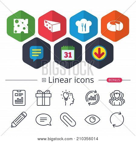 Calendar, Speech bubble and Download signs. Cheese icons. Round cheese wheel sign. Sliced food with chief hat symbols. Chat, Report graph line icons. More linear signs. Editable stroke. Vector