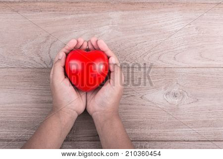 Love Concept : Woman Hands Holding Red Heart On Brown Wooden Table. Free Space For Text