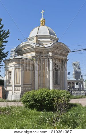 St. Petersburg, Russia - June 17, 2017: Chapel of Alexander Nevsky near Tuchkov bridge in St. Petersburg