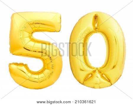 Golden number 50 fifty made of inflatable balloon isolated on white background
