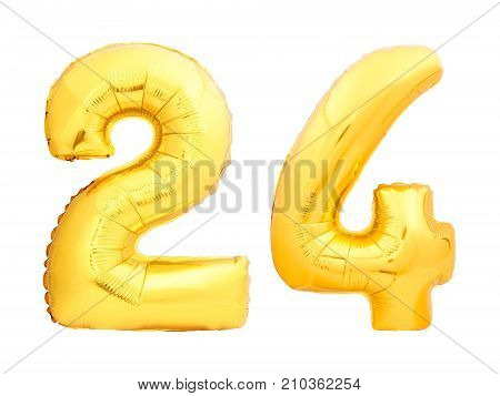 Golden number 24 twenty four made of inflatable balloon isolated on white background