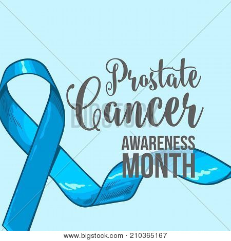 Prostate cancer awareness month banner, poster, template with hand drawn blue ribbon, sketch vector illustration. Hand drawn blue ribbon, prostate cancer awareness month campaign banner, poster, card