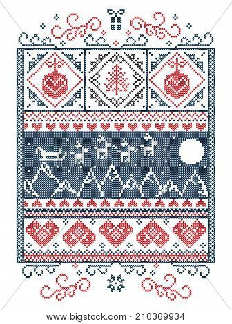 Elegant Christmas Scandinavian, Nordic style winter stitching, pattern including snowflake, heart,  reindeer, mountain, moon, Christmas tree, gift, bubble, snow, robin, snowflake, star in red, white, blue