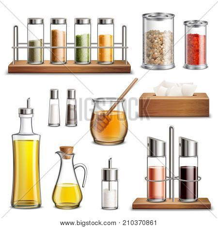 Kitchen herbs and spices rack cooking oil carafe bottle sugar dispenser and honey jar realistic set vector illustration