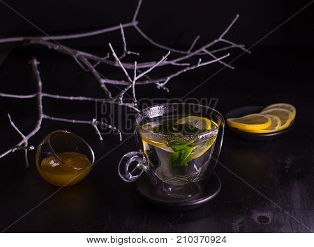 Mint Lemon Tea On A Dark Background