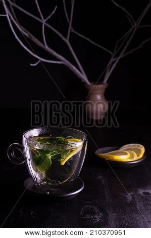 Mint Lemon Tea On A Dark Background