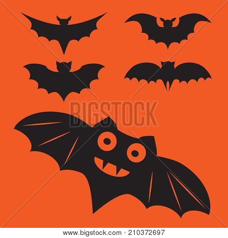 Funny halloween vector mystery vampire silhouettes. Dark spooky bats monsters isolated from orange background.