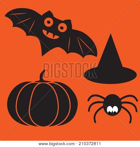 Funny halloween vector mystery vampire silhouettes. Dark spooky bats monsters isolated from orange background. Black cartoon little spider. Simple image with hat and pumpkin for halloween party.