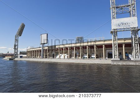 St. Petersburg, Russia - June 17, 2017: Fragment of the Petrovsky sports complex from the Zhdanovka river in St. Petersburg