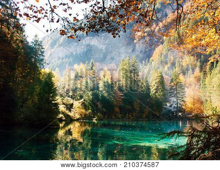 Autumn time at romantic forest lake Blausee, one of the best known mountain lakes in Switzerland.