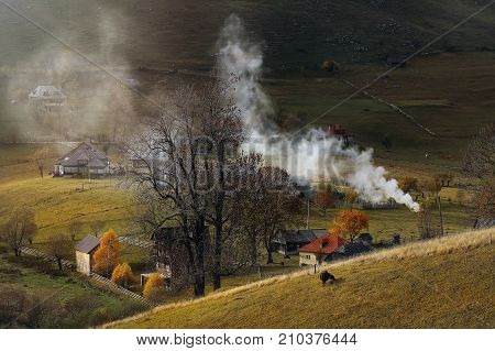 Rural scenery with evening sunlight over the hills and valleys in Sirnea-Bran area Sirnea village between Brasov and Arges county Romania
