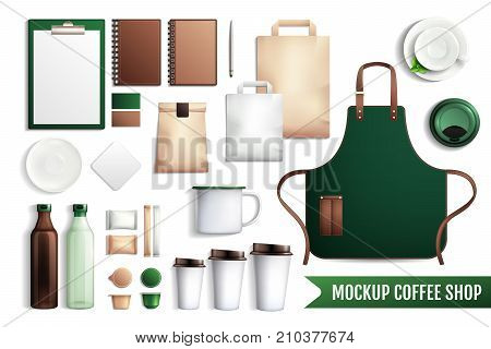 Mockup coffee shop collection of essential elements bottles cardboard cups with caps notebooks and various stuff vector illustration