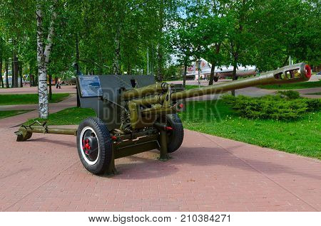 VITEBSK BELARUS - MAY 22 2017: 76-mm divisional gun of 1942 model ZIS-3 on Alley of military glory in park of Winners Vitebsk Belarus