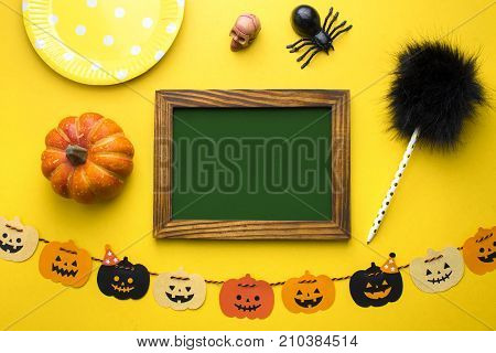 top view colorful party halloween decor and gold frame banner border