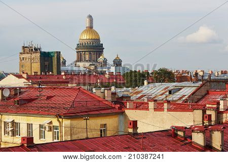 Saint Isaac's Cathedral And Red Roofs In Saint Petersburg, Russia