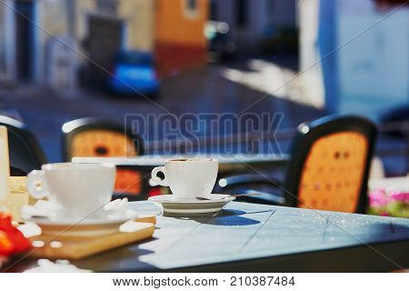 Coffee Cups On Table Of Cafe Or Restaurant